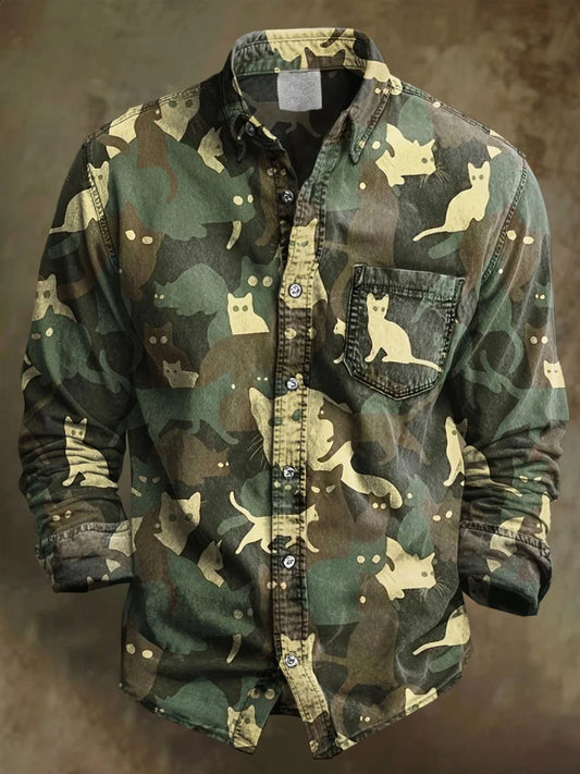Hombres camuflaje gatos arte impresión manga larga bolsillo camisa