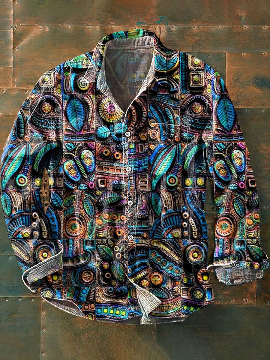 Camisa de algodón casual de impresión irregular étnica vintage para hombres