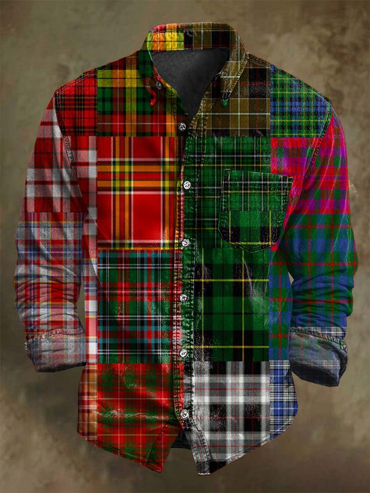 Retro Patchwork Plaid Print Camisa de manga larga