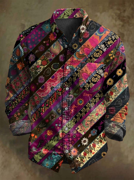Camisa de manga larga con estampado floral de patchwork étnico retro