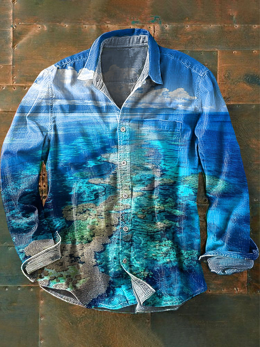 Hombres Gran Barrera de Coral Scenic Art Print Casual Camisa de algodón