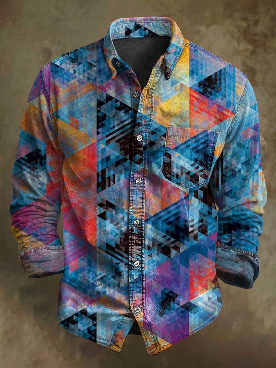 Camisa de manga larga casual con estampado geométrico vibrante