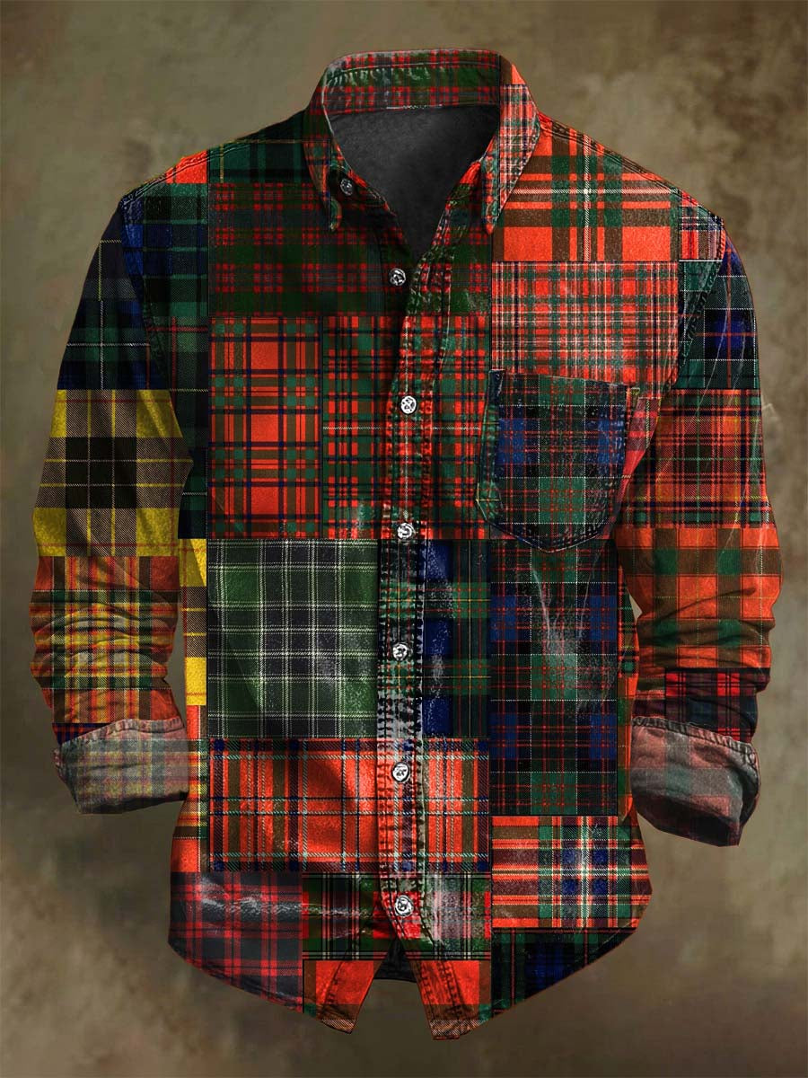 Retro Patchwork Plaid Print Camisa de manga larga