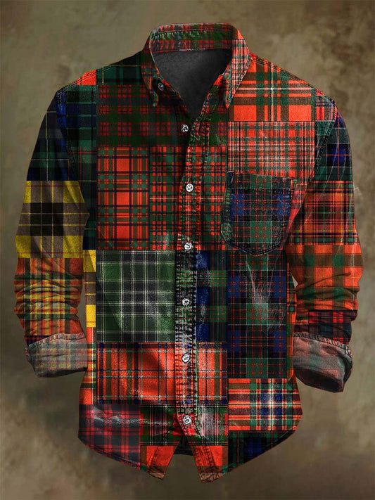 Retro Patchwork Plaid Print Camisa de manga larga