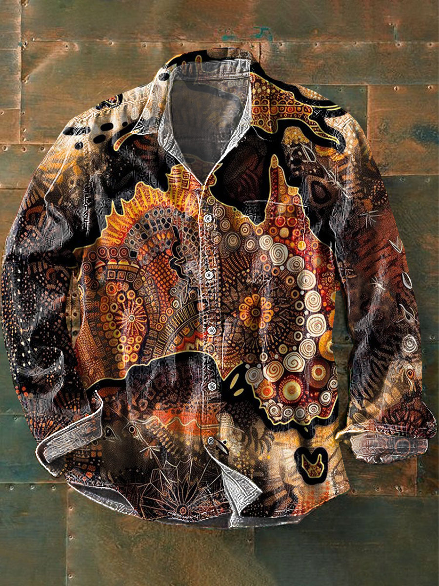 Camisa de algodón casual con estampado de mapa étnico irregular para hombres