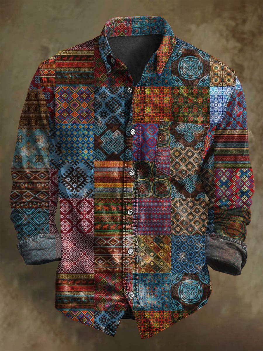 Camisa de manga larga con estampado floral asimétrico de patchwork retro