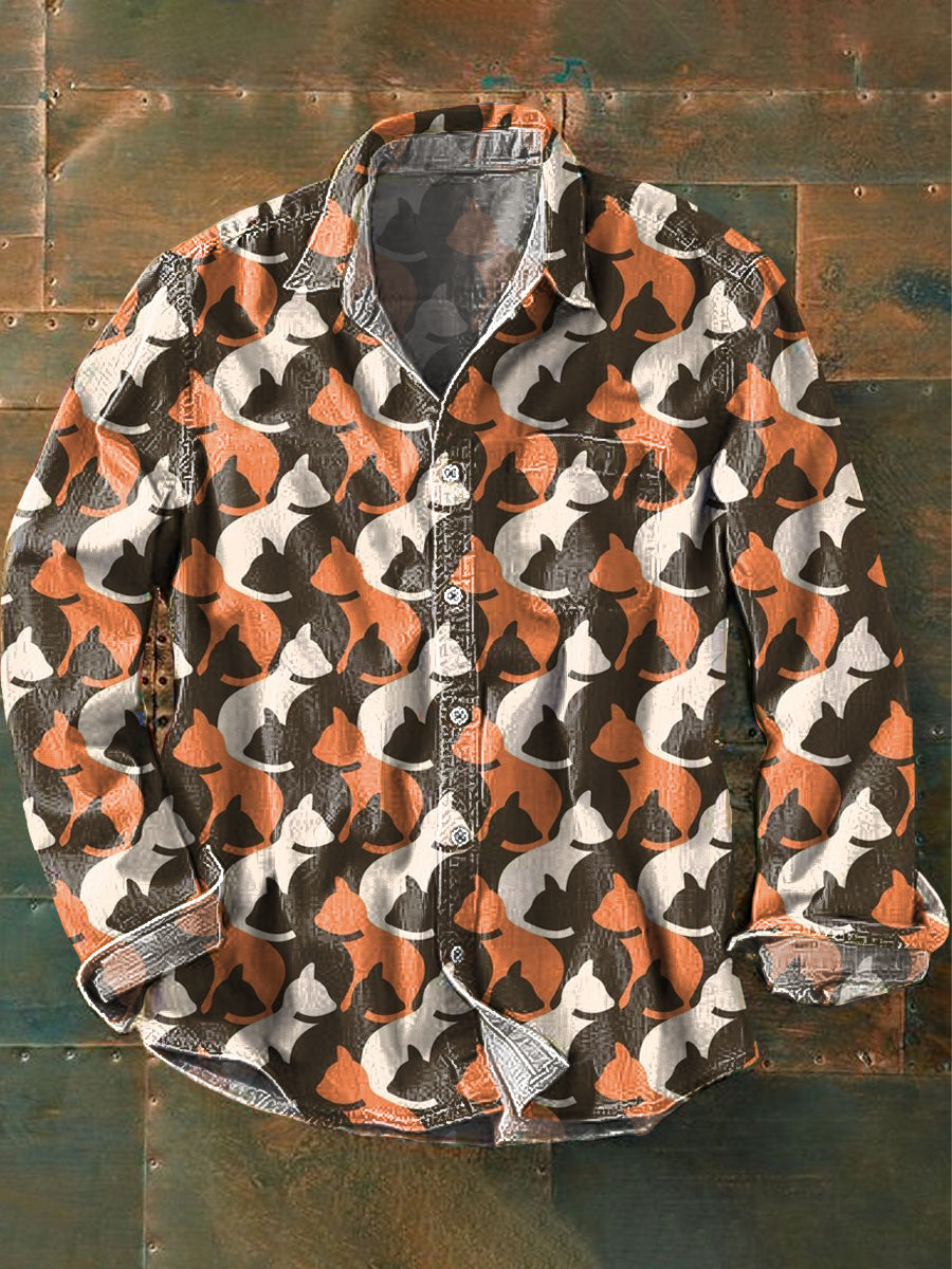 Camisa de algodón casual con estampado de arte de repetición de gatito para hombre