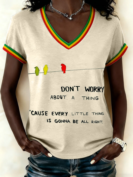 Reggae Music Inspired Print Camiseta con cuello en V para mujer
