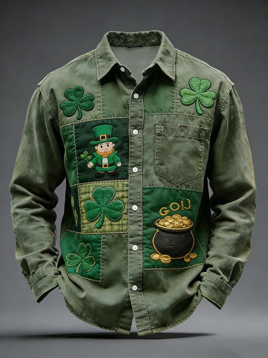 Camisa casual retro del remiendo del trébol del día de St. Patrick