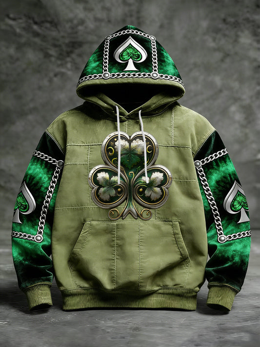 Retro St. Patrick's Day Shamrock Patchwork Casual Hoodie
