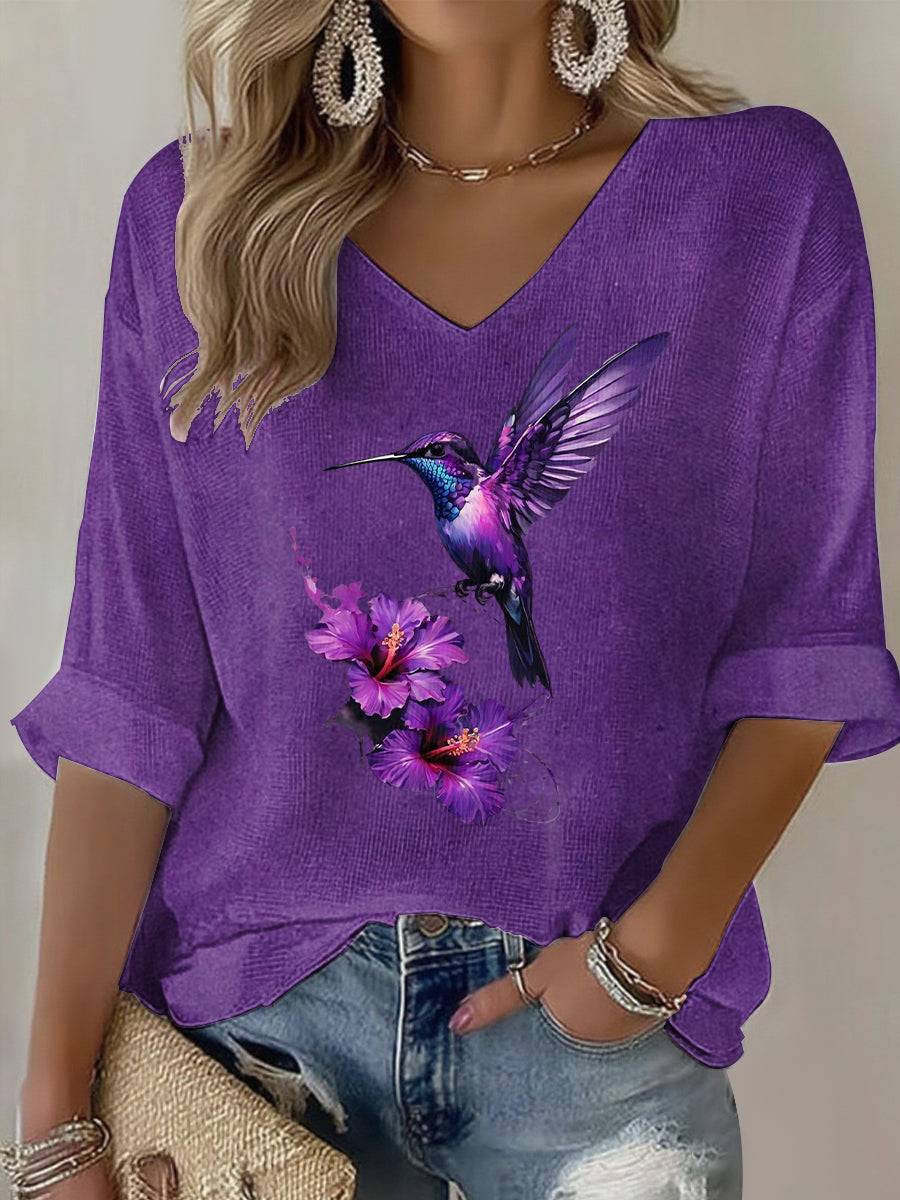 Camiseta casual con estampado de arte púrpura para mujer
