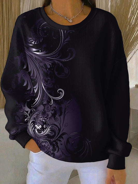 Sudadera con cuello redondo acanalado impreso púrpura retro de las mujeres