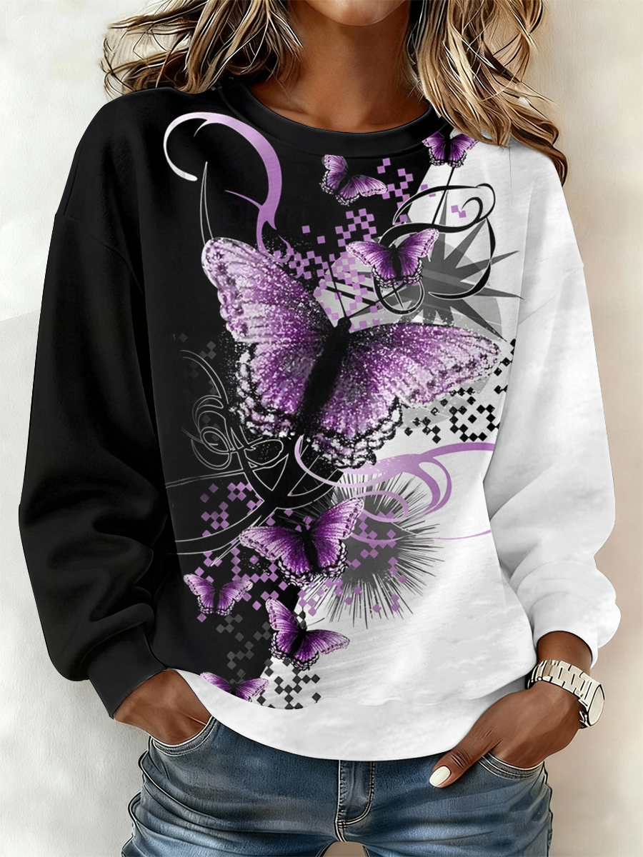 Mujer Vintage Purple Butterfly Art Print Regular Sudadera