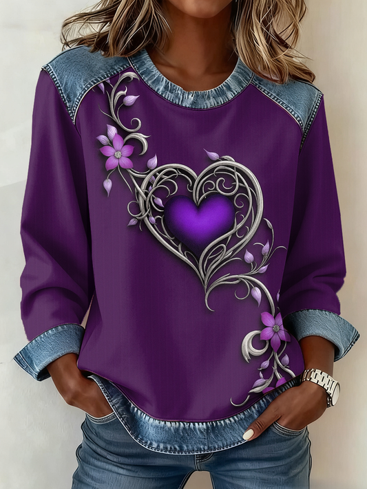 Vintage Purple Floral Art Print Casual Denim Patchwork Top de mujer