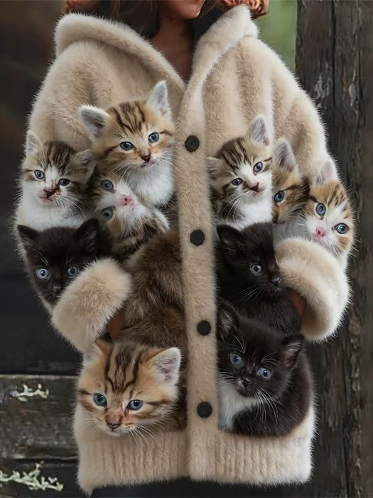 Chaqueta caliente de franela con estampado de gato animal para mujer