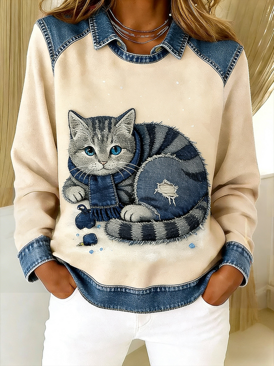 Retro lindo gato Denim bufanda Patchwork impreso Casual suelta manga larga solapa sudadera