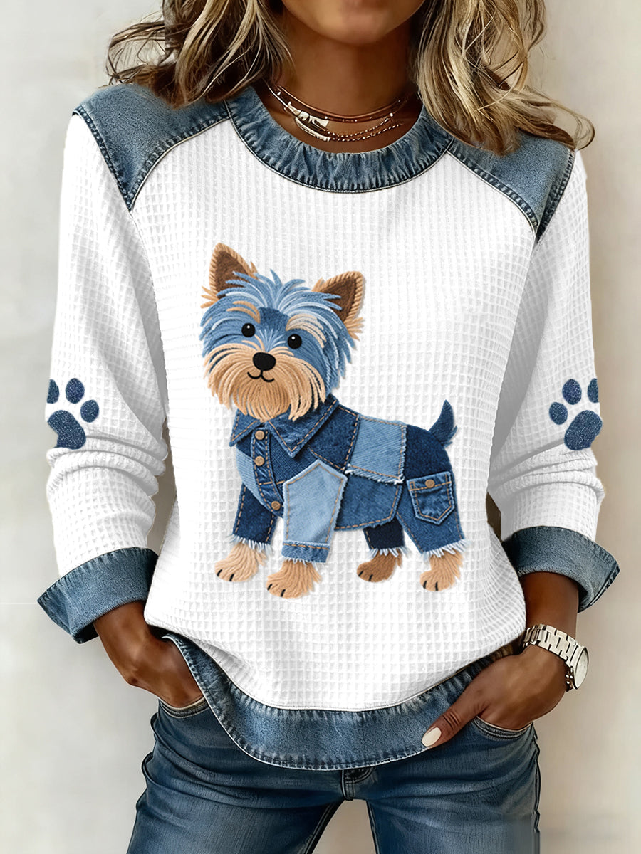 Mujeres encantador Yorkshire Terrier patrón Denim Patchwork Waffle sudadera