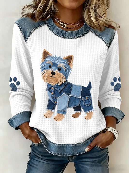 Mujeres encantador Yorkshire Terrier patrón Denim Patchwork Waffle sudadera