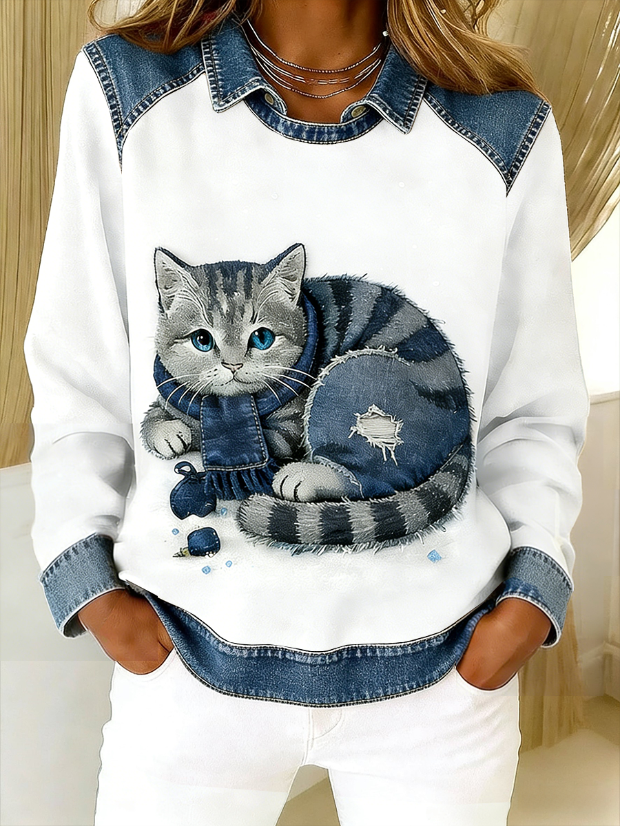 Retro lindo gato Denim bufanda Patchwork impreso Casual suelta manga larga solapa sudadera