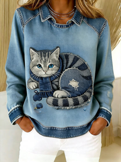 Retro lindo gato Denim bufanda Patchwork impreso Casual suelta manga larga solapa sudadera