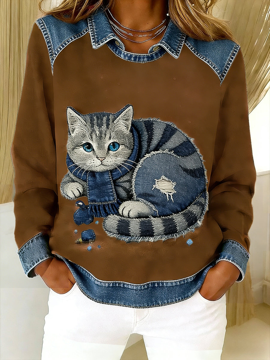 Retro lindo gato Denim bufanda Patchwork impreso Casual suelta manga larga solapa sudadera