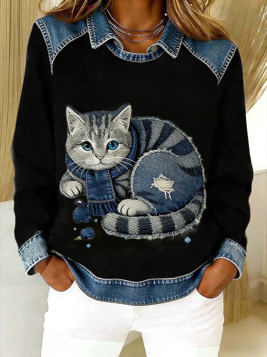 Retro lindo gato Denim bufanda Patchwork impreso Casual suelta manga larga solapa sudadera