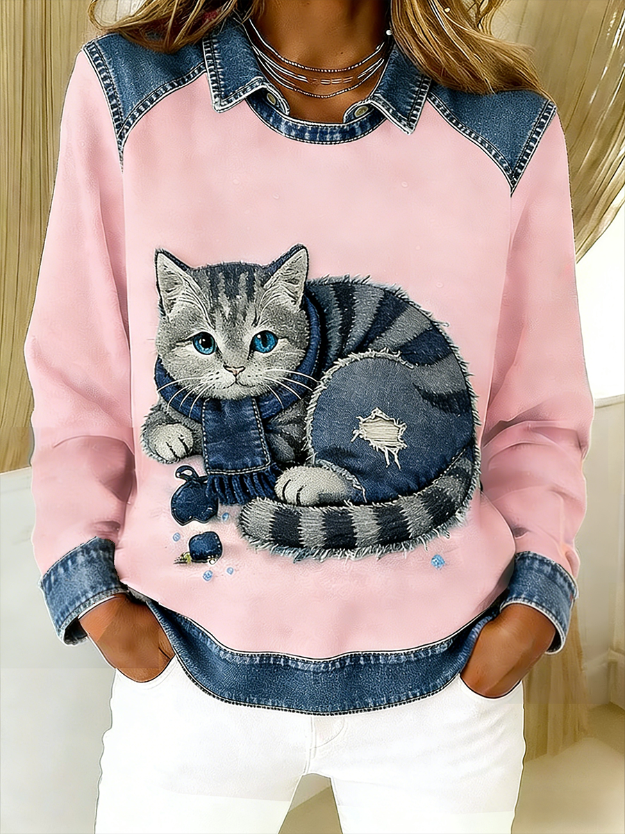 Retro lindo gato Denim bufanda Patchwork impreso Casual suelta manga larga solapa sudadera