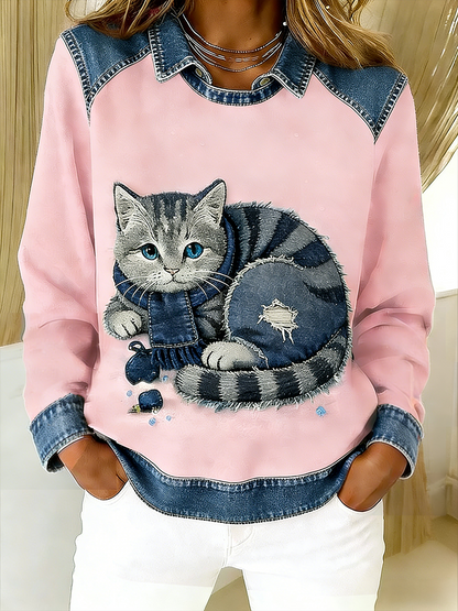 Retro lindo gato Denim bufanda Patchwork impreso Casual suelta manga larga solapa sudadera