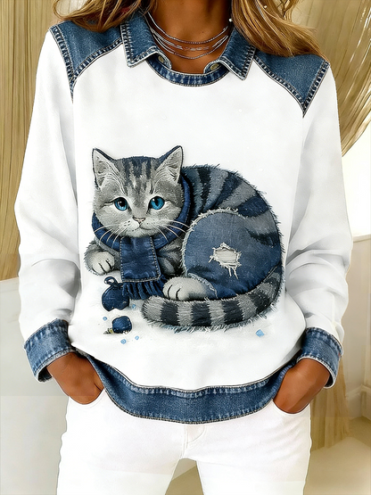 Retro lindo gato Denim bufanda Patchwork impreso Casual suelta manga larga solapa sudadera