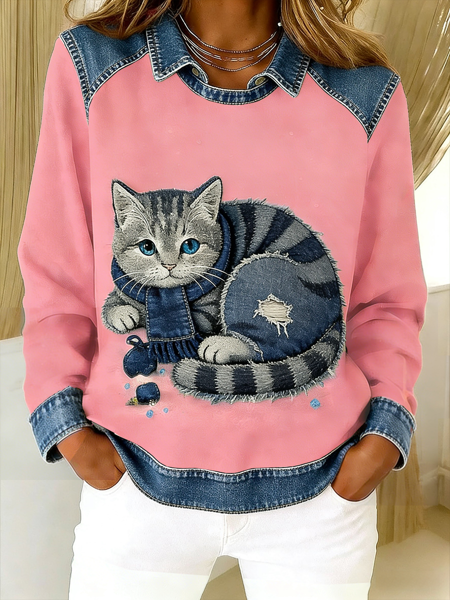 Retro lindo gato Denim bufanda Patchwork impreso Casual suelta manga larga solapa sudadera