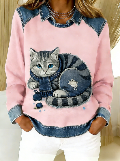 Retro lindo gato Denim bufanda Patchwork impreso Casual suelta manga larga solapa sudadera
