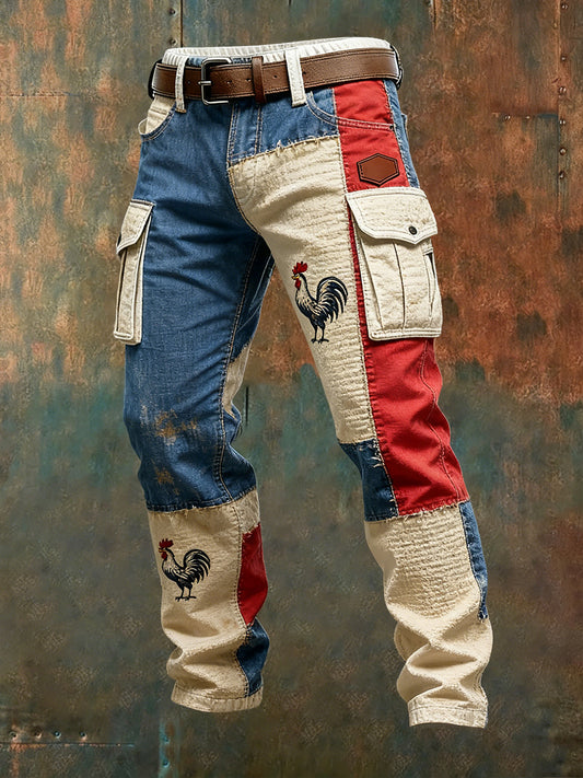 Vintage de los hombres de la bandera francesa y gallo impresión de negocios casual pantalones de trabajo