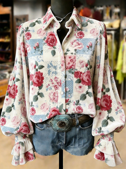 Top de manga larga con estampado de flores de plantas retro para mujer