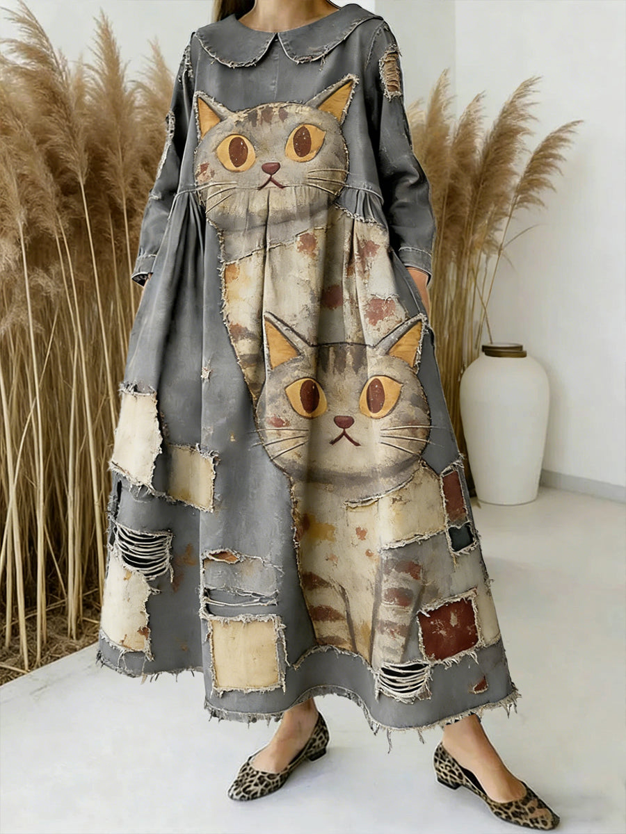 Vestido de manga larga vintage con estampado de patchwork de gato lindo para mujer