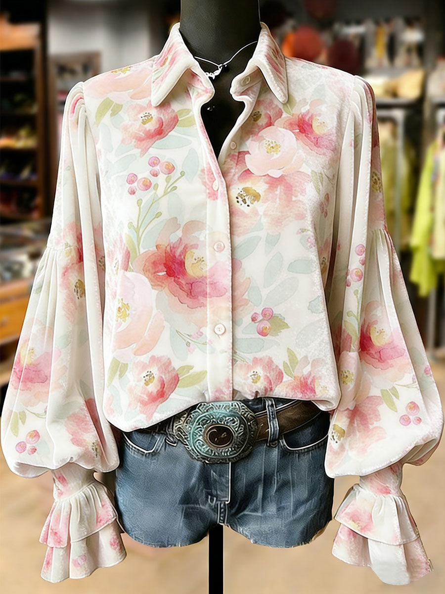 Top de manga larga con estampado de flores de plantas retro para mujer