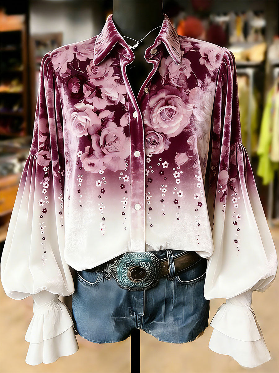 Top de manga larga con estampado de flores de plantas retro para mujer