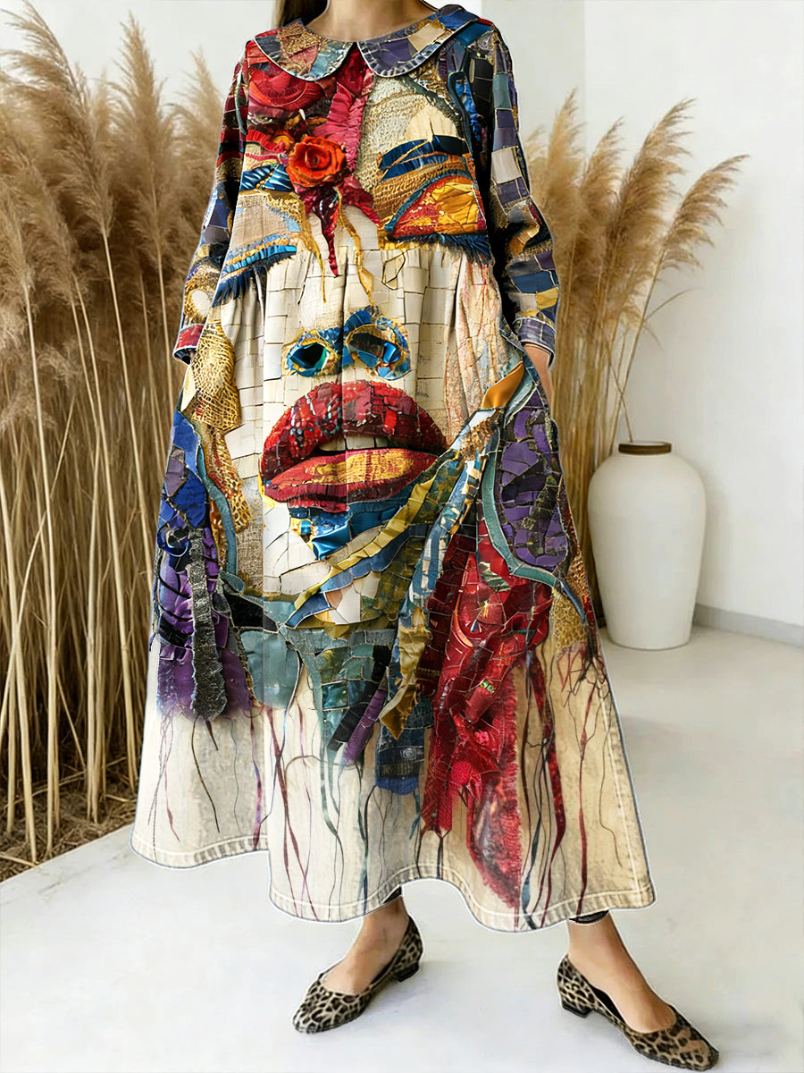 Vestido de manga larga vintage con estampado de patchwork artístico para mujer