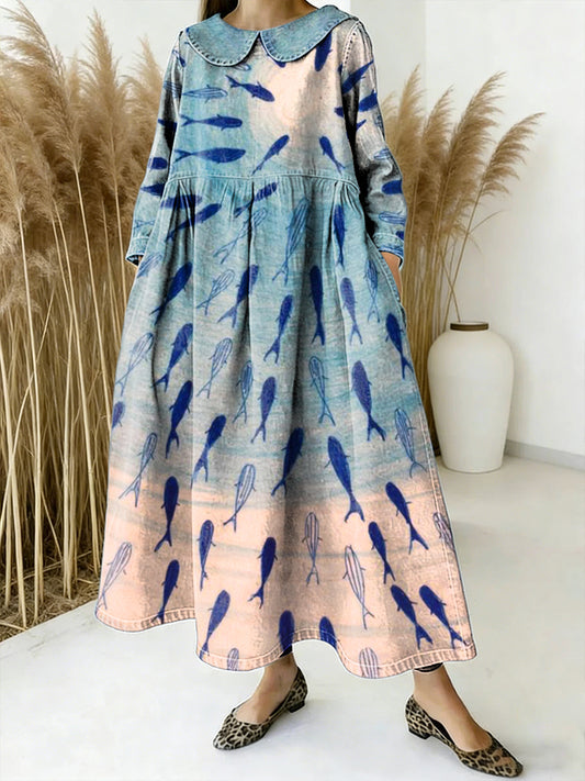 Vestido de cuello degradado con estampado de arte ilustrado para mujer