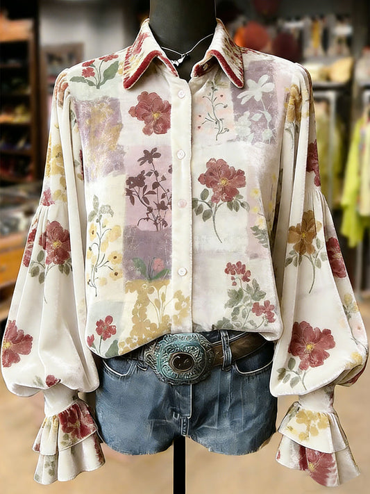 Top de manga larga con estampado de flores de plantas retro para mujer