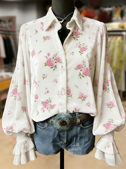 Top de manga larga con estampado de flores de plantas retro para mujer