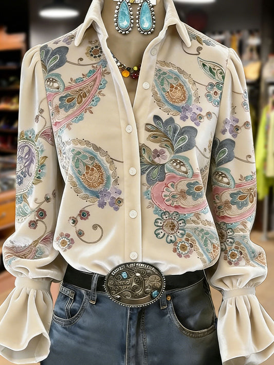 Top de manga larga con estampado de flores de plantas retro para mujer