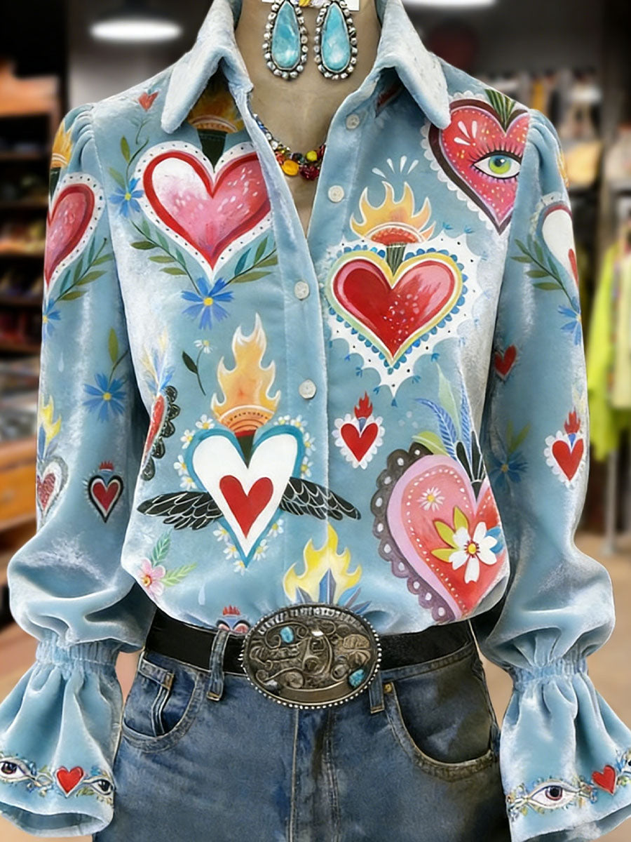 Top de manga larga con estampado de flores de plantas retro para mujer