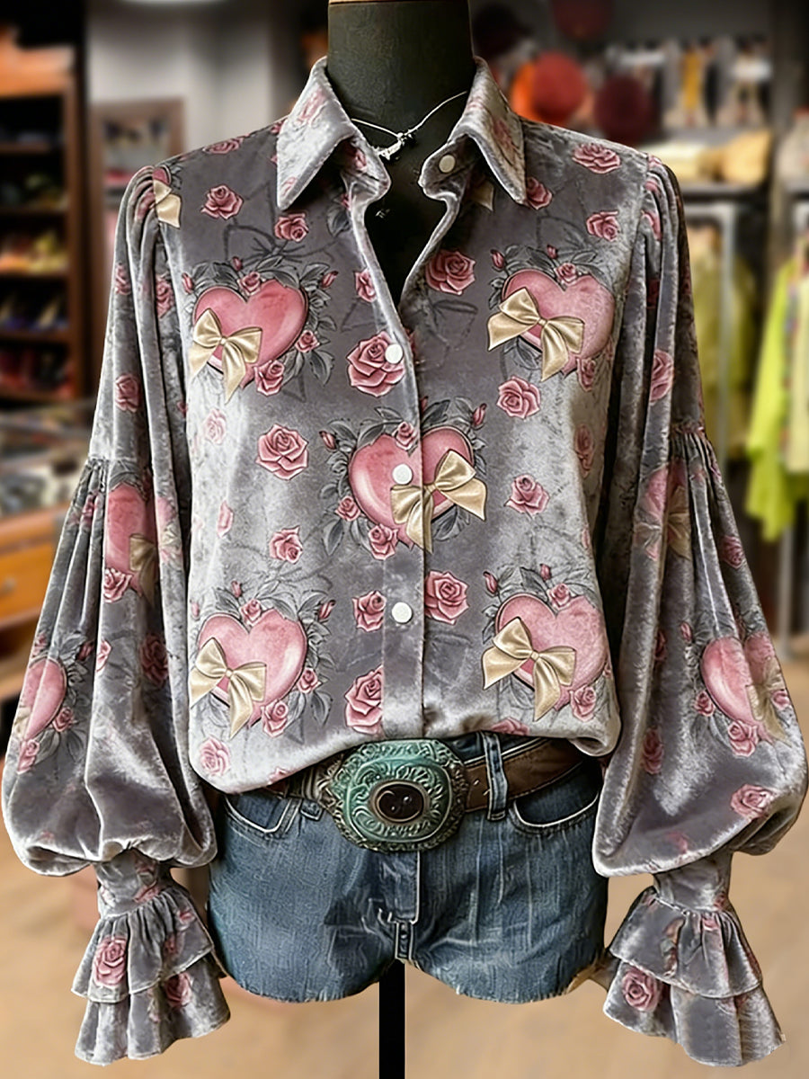 Top de manga larga con estampado de flores de plantas retro para mujer