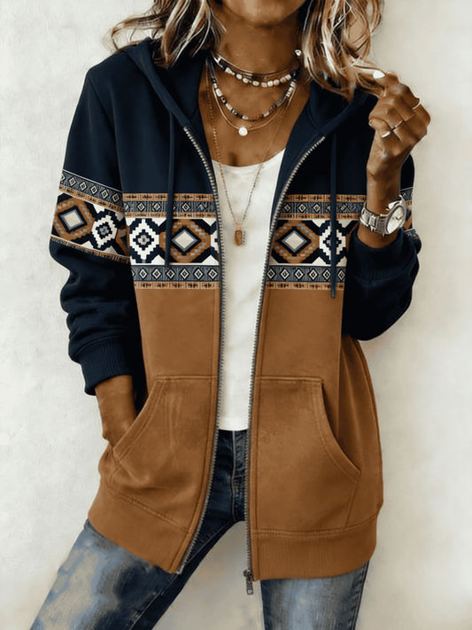 Mujer Western Print Zip-Up Hoodie
