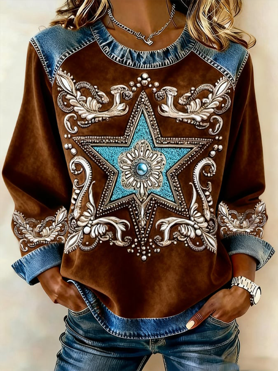 Mujer Western Print Denim Patchwork Top