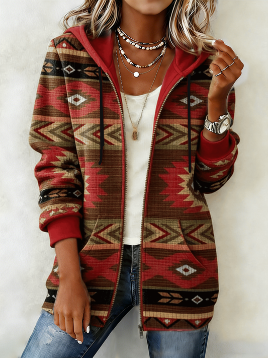 Mujer Western Pattern Print Zip-Up Hoodie