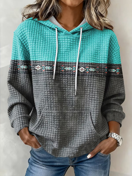 Mujer Vintage Western Aztec Pattern Pocket Hoodie