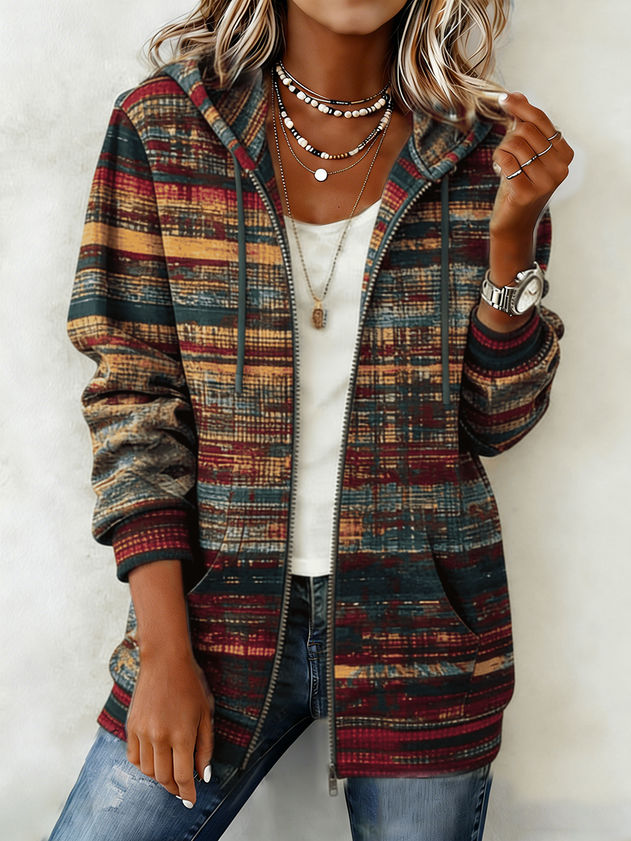 Mujer Western Pattern Print Zip-Up Hoodie