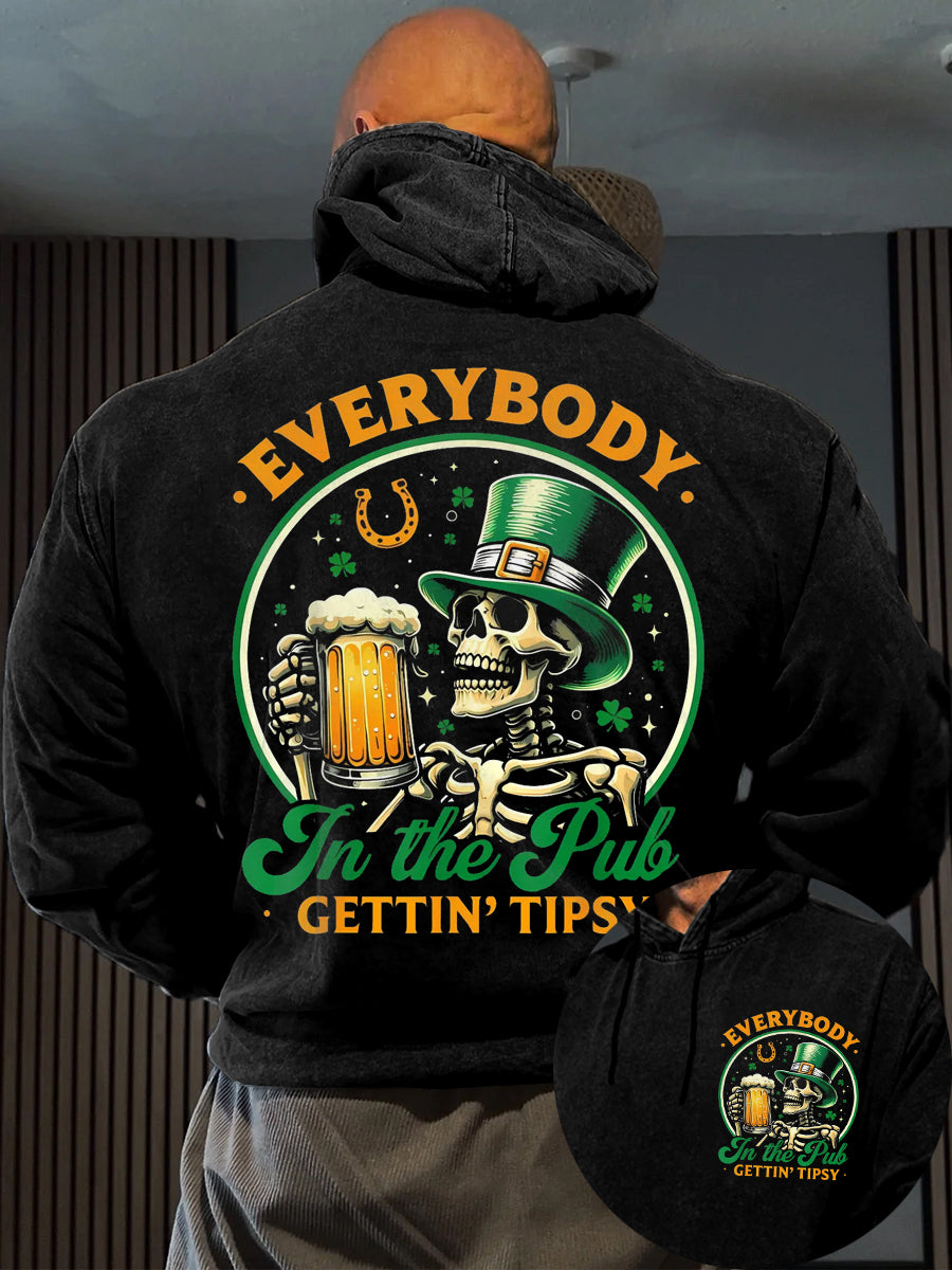 Día de San Patricio divertido de los hombres todo el mundo en el pub Gettin Tipsy Skeleton Print Casual Hoodie