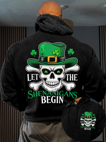 Hombres Funny St Patrick's Day Let The Shenanigans Begin Skull Shamrock Print Casual Sudadera con capucha